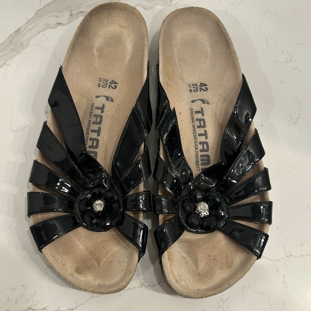 TATAMI Birkenstock Rhinestone Wedge Sandals Womens EU 42 Black Patent Floral